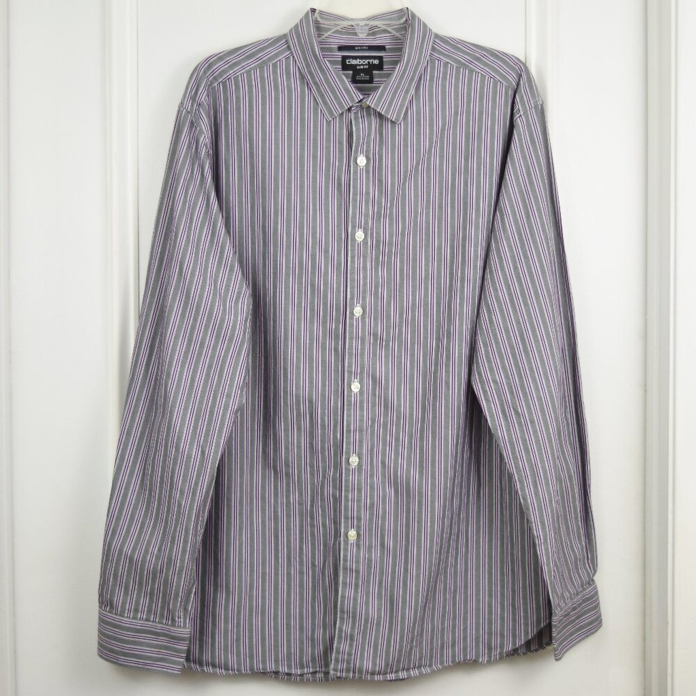 Claiborne Dress Shirt Men XL Slim Fit Button up Stripes 80s 2 Ply Cotton Career